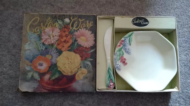 Carlton Ware Gift Set, Forget  Me-Not Butter Dish and Knife in original box