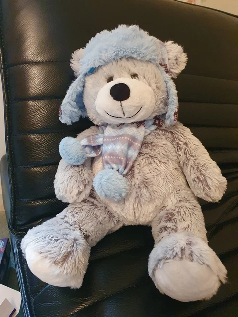 HUGFUN TEDDY BEAR Plush Stuffed Animal Grey Blue Winter Hat Scarf St ...