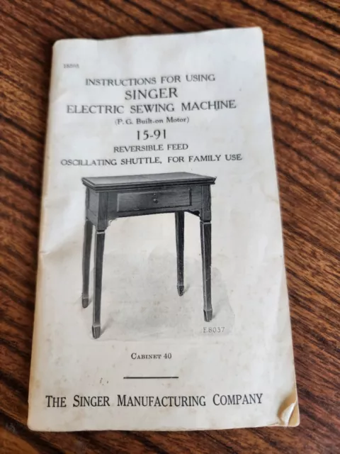 Libro de instrucciones vintage para máquina de coser eléctrica Singer 15-91