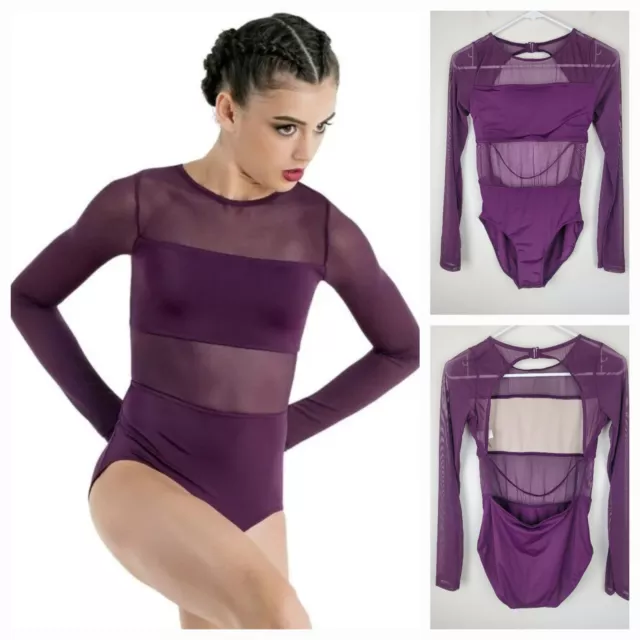 Balera Dance Leotard Adult M Purple Backless Ballet Mesh Long Sleeves Dancewear