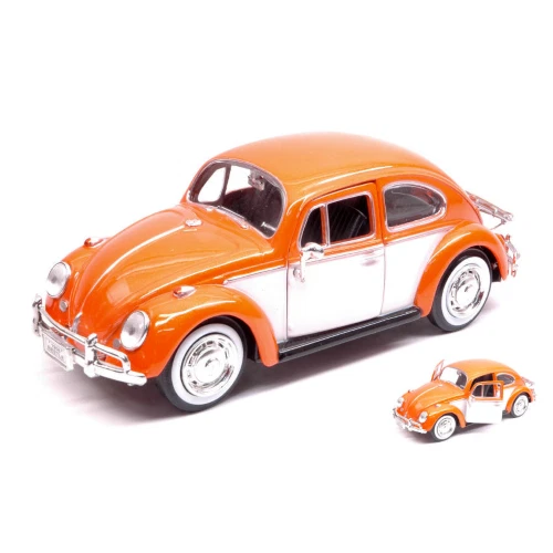 VW BEETLE W/LUGGAGE ORANGE BEIGE 1:24 MotorMax Auto Stradali Die Cast Modellino