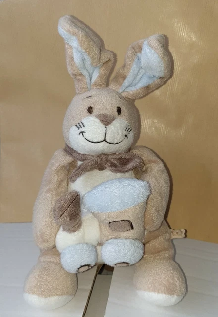 TBE - Oscar Et Leon Doudou Musical Lapin Beige Blanc Bleu Train Noukie's Peluche