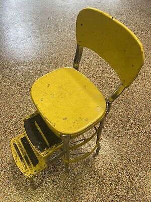 COSCO Kitchen Step Stool Chair Yellow Metal Pull Out Steps Yellow Mid Century 2