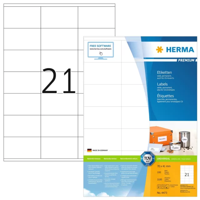 HERMA Self Adhesive Address Mailing Labels, 21 Labels Per A4 Sheet, 2100 Labels