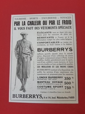Publicité ancienne juin 1928 BURBERRYS Paris mode vêtement manteau Pub 7 x 14 
