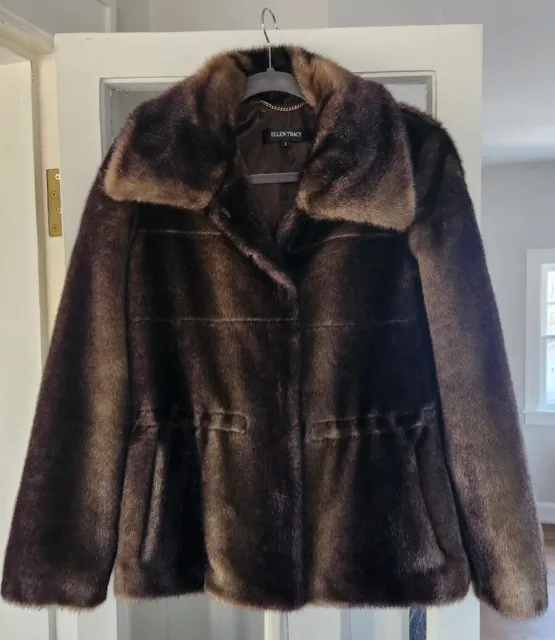 Ellen Tracy Faux Mink Fur Coat Brown Size S Small