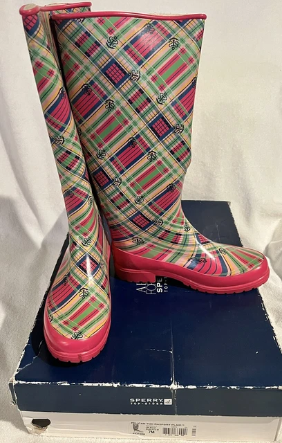 Sperry Top Side rain boots in Pelican Too Raspberry plaid. Size 7