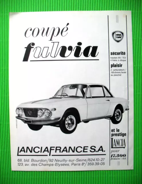 Press Advertisement Lancia Coupe Fulvia Security Pleasure & Prestige Ad 1968