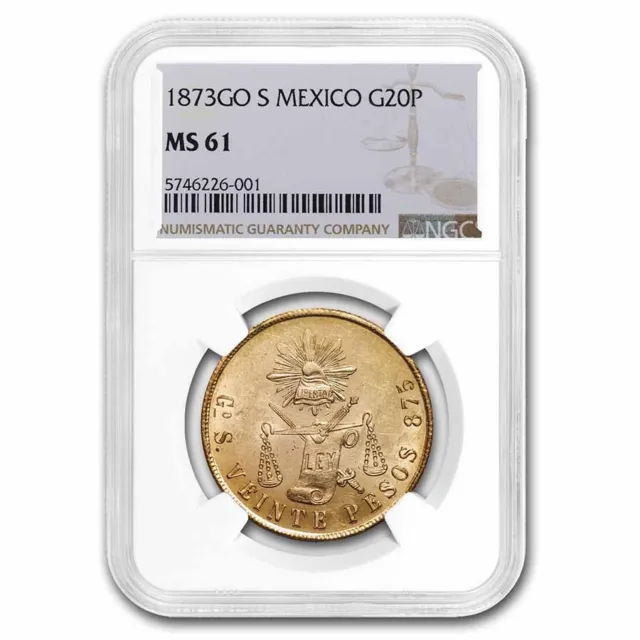 1873 Go S Mexico Gold 20 Pesos MS-61 NGC - SKU#272212