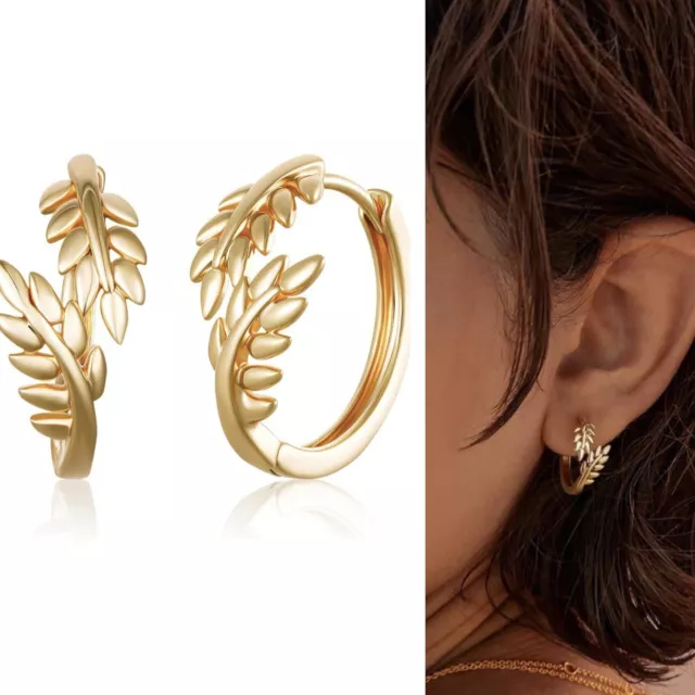 NEW Free People Boho 14K Gold Plate Olive Leaf Hoop Huggie Stud Earrings Jewelry