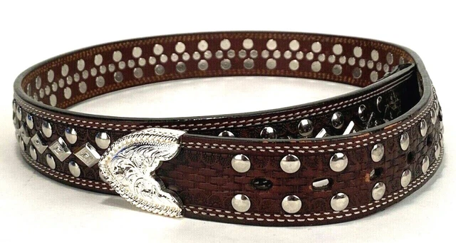 Vintage Western Belt - Leather - Small Diamond Stud Conchos - Brown - 38"