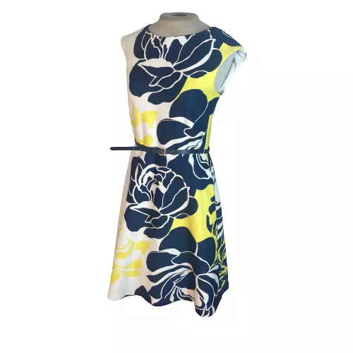 Sandra Darren Scuba Stretch Knit Floral Mini Fit Flare Dress Blue Yellow Size 6