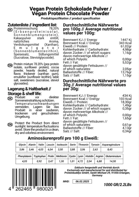 Vegan Protein Pulver 1KG Eiweiß Shake Schokolade Made in Germany 2