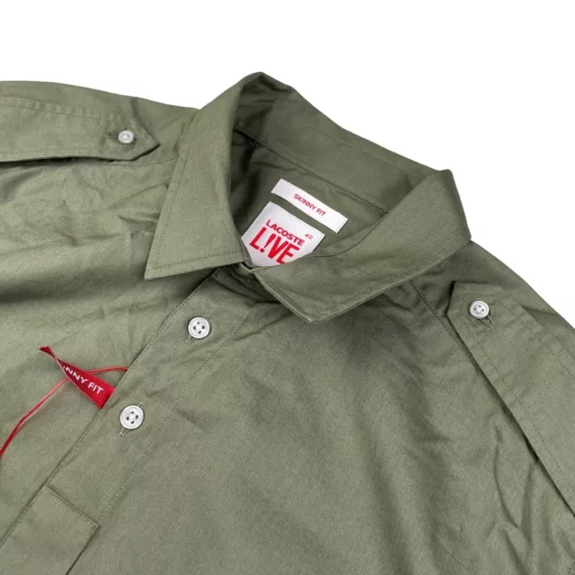 NEW Lacoste Live Men’s 100% Cotton Slim Fit Military Button Shirt Green • FR 40