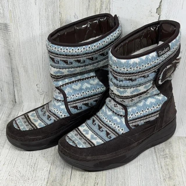 Skechers Tone Ups Chalet Carve Winter Boots Knit Fair Isle Sweater Suede Size 8