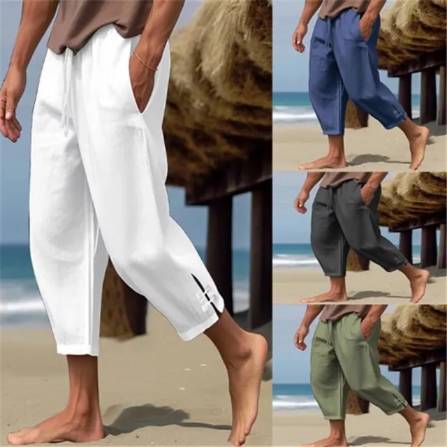 Mens Cotton Linen Harem Pants Lightweight Loose Beach Yoga Trousers Drawstring