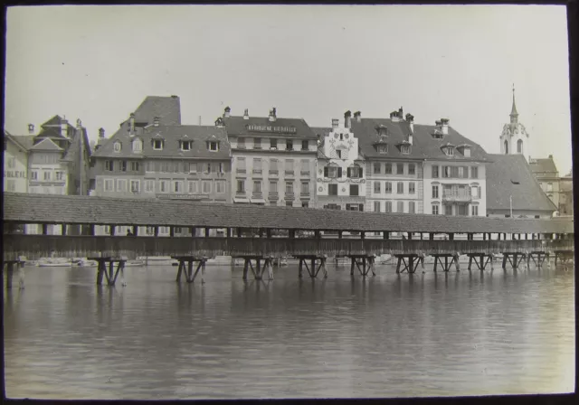 Glass Magic Lantern Slide THE BRIDGE AT LUCERNE C1890 PHOTO SWITZERLAND