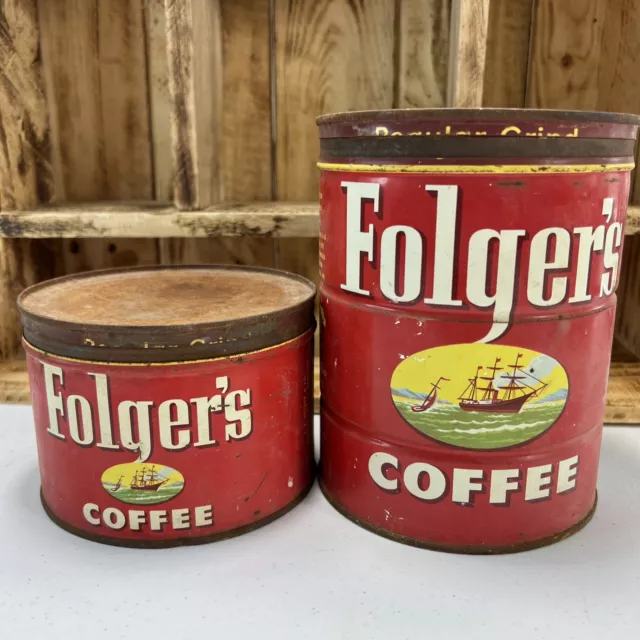 Vtg Folgers Key Wind Wartime Coffee Can Tin 2 Sizes Rusty Decor Collectible