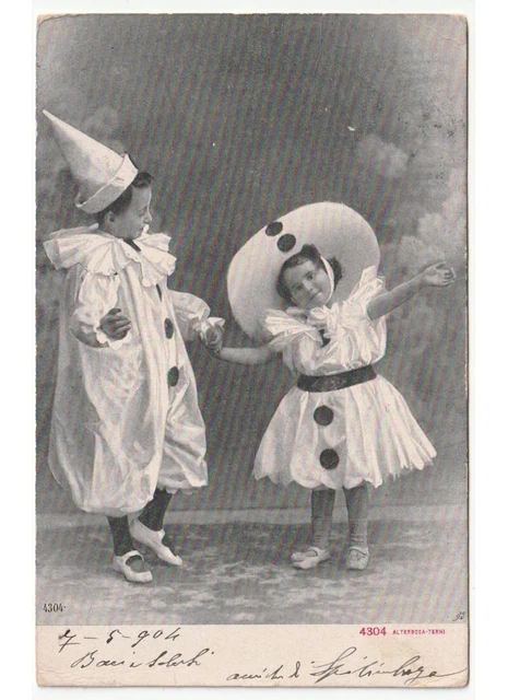 1904 foto cartolina primi '900 bambini costume Pierrot Pierrette Alterocca