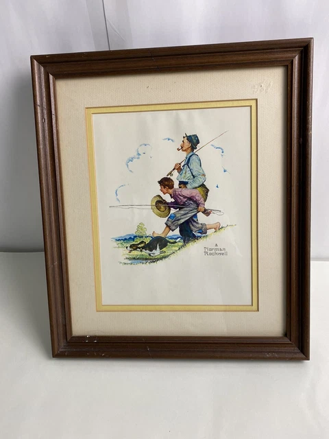 vintage Norman Rockwell Framed Art Print 'Gone Fishing'