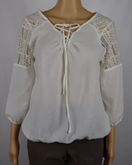 American Rag Cie Womens White Lace Trim Tie-Front Blouse Top Size M