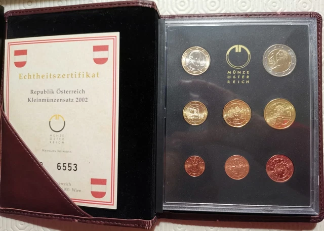 Austria 2002 set 8 euro coins 1 2 5 10 20 50 cent 1 2 euro official folder PROOF