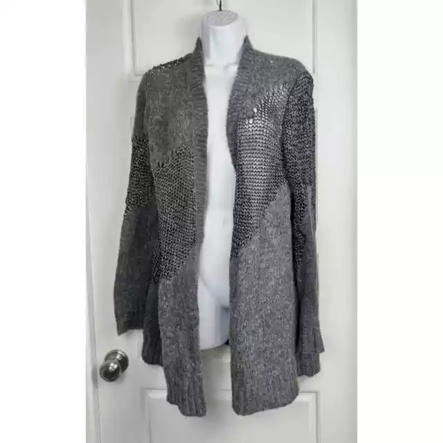 Eileen Fisher Cardigan Size M Gray Alpaca Wool Blend Mesh And Knit Long Sleeve