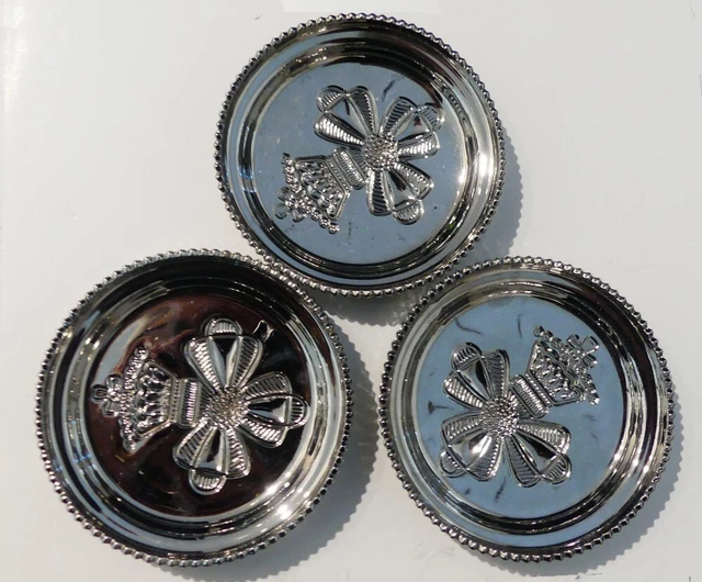 Set of 3 Vintage Coasters. Royal Crest Motif. Silver Inner & Glass Outer.