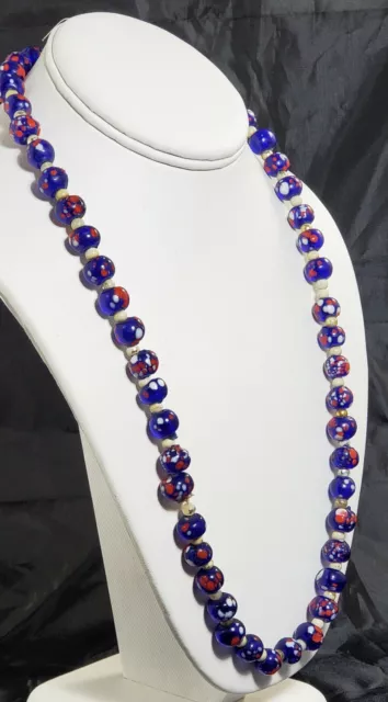 Vintage Venetian Murano Royal Blue Glass Skunk Eye Lampwork Beads Necklace