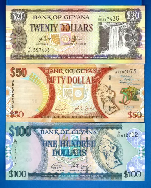 Guyana P-30 P-36 P-41 $20 $50 $100 Uncirculated Paper Money Banknotes Set #3