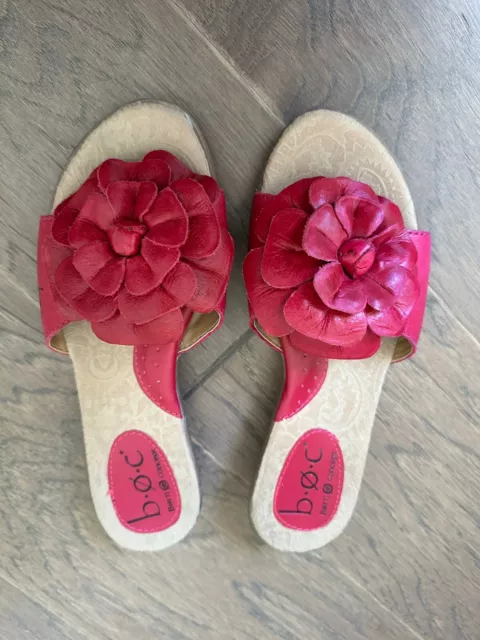 Born Concept BOC Fuchsia Pink Flat Sandals Size 6 Slip On Flower Leather Comfort