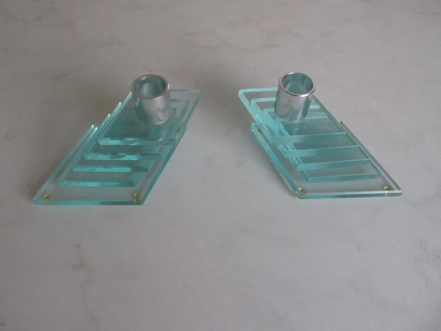 One Pair Of Art Deco, Stacked Clear Glass Candalsticks, Diamond Facet Pattern