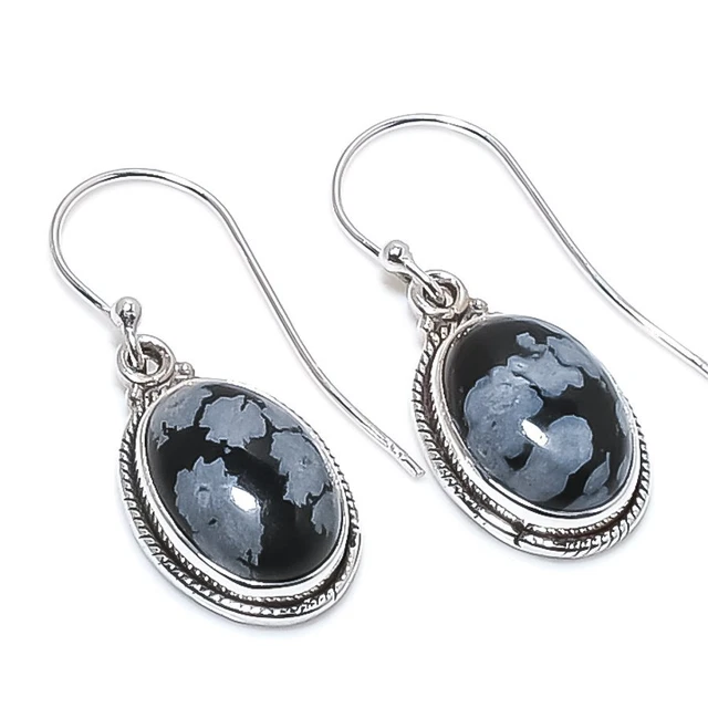 Snowflake Obsidian Gemstone 925 Solid Sterling Silver Jewelry Earring 1.25"
