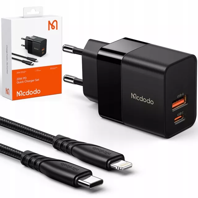 Chargeur de téléphone Mcdodo, rapide, USB, USB-C, 20W, câble Iphone inclus, noir