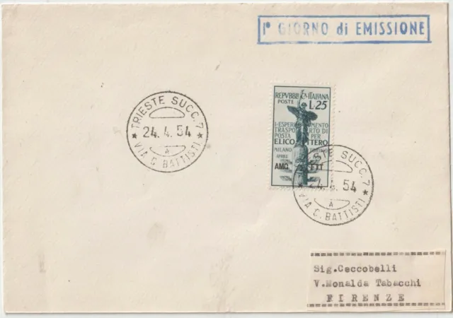 Italy 1954 Trieste Zone A Employment Anglo-American  Fdc Helicopter To Firenze