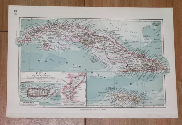 1912 Antique Map Of Cuba West Indies Caribbean Puerto Rico Jamaica
