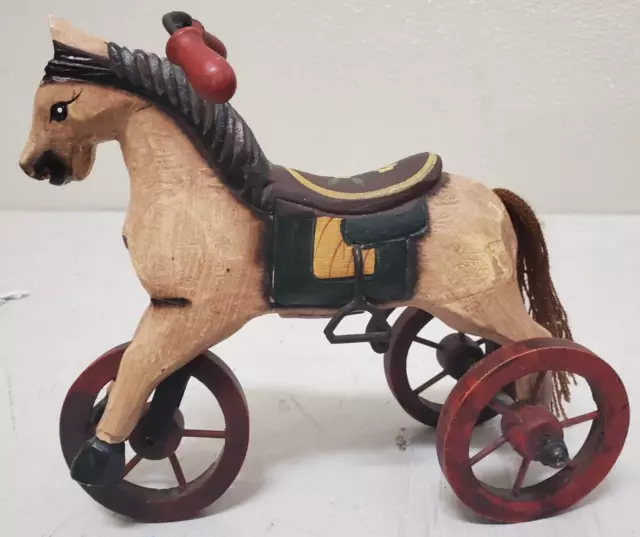 Hand Made Folk Art Style Wooden Primitive Look Horse On Wheels Decor Wheels Roll