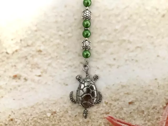 Nautical Mermaid Hook Pewter Flipper Turtle Charm Green Pearl Beads Bookmark 3
