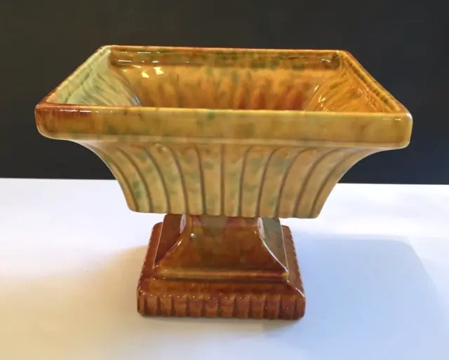 Mid Century HAEGER Pottery Planter Square Pedestal Ribbed Gold Green Brown MCM