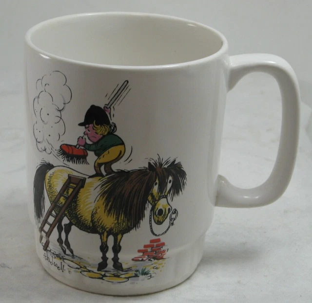VTG 1967 Thelwell Naughty Pony Ceramic Mug Rider Grooming from atop & ribbon eat