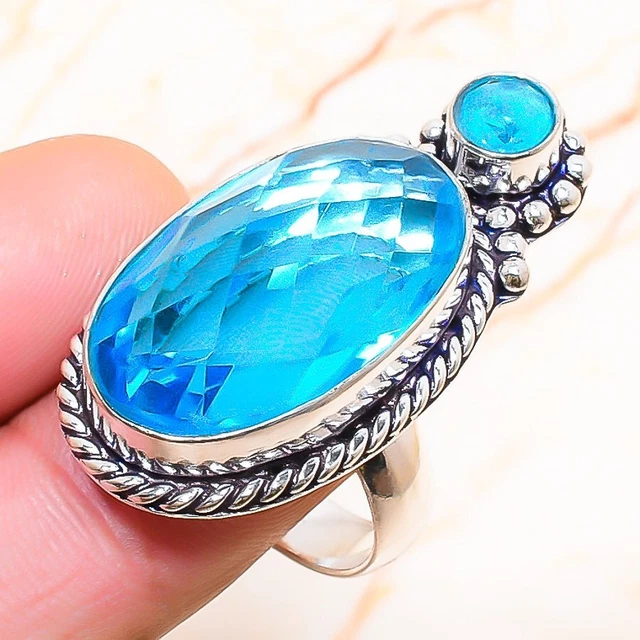 Swiss Blue Topaz Gemstone Handmade Gift Jewelry Ring Size 8.5 G457
