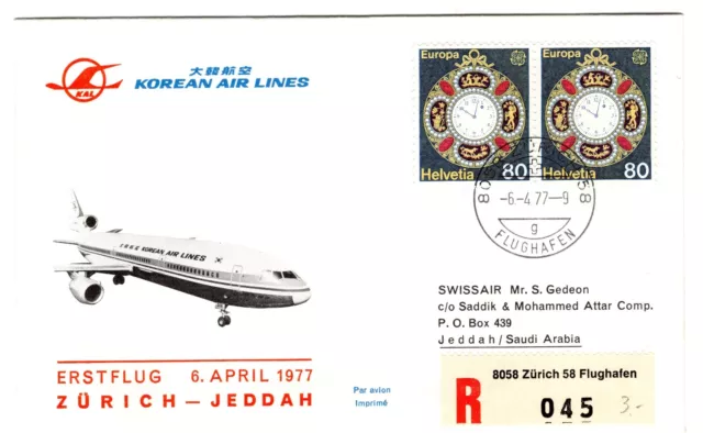 1977 Apr 6th. First Flight Cover. Korean Air Lines Zurich to Jeddah.