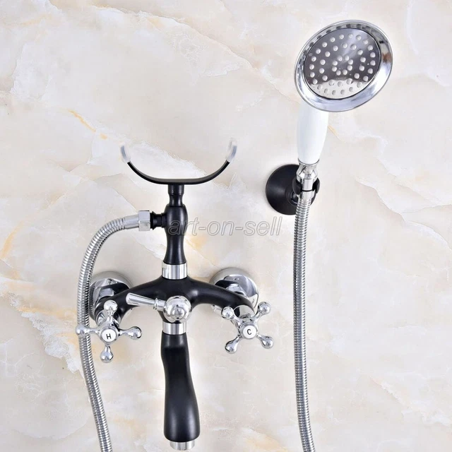 Black Chrome Brass Wall Mount Bathroom Clawfoot Bath Tub Faucet w/ Hand Shower