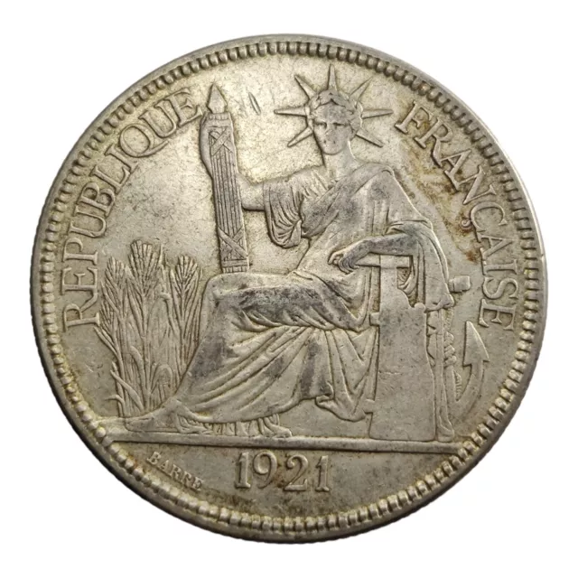 1921 Silver 1 Piastre Commerce French Indo-China Rare Crown Thaler Size Coin 11R