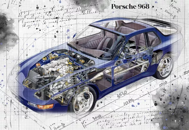Line Tech Drawing  Porsche 968    Auto Car Classic Cutaway Art Poster Print