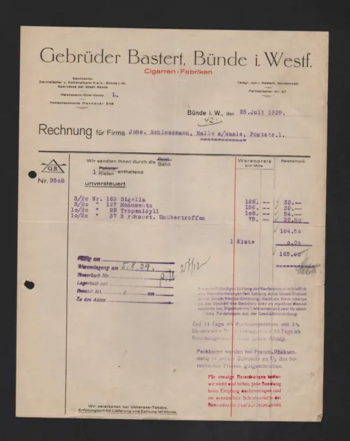 BÜNDE i. W., Rechnung 1929, Zigarren-Fabriken Gebrüder Bastert