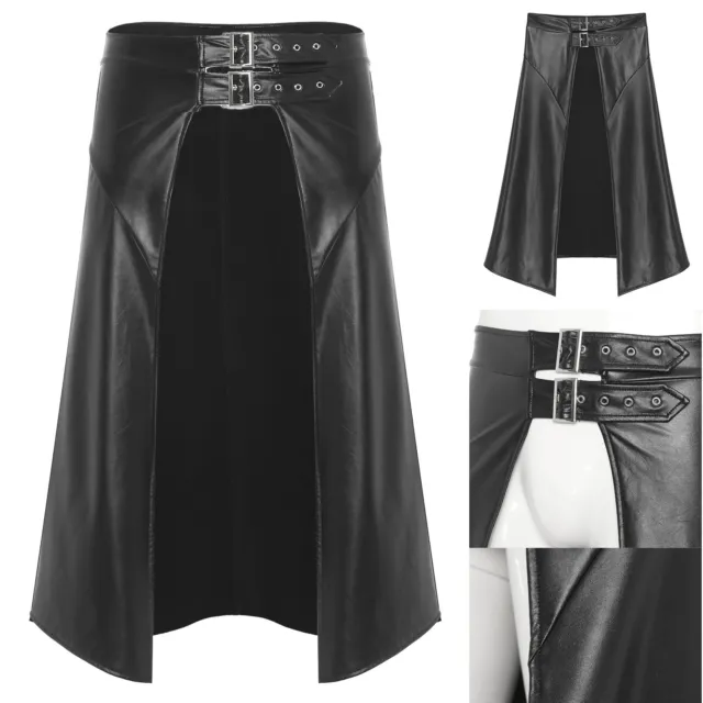 Mens PU Leather Open Front Skirt Gothic Punk Adjustable Buckle Skirts Clubwear