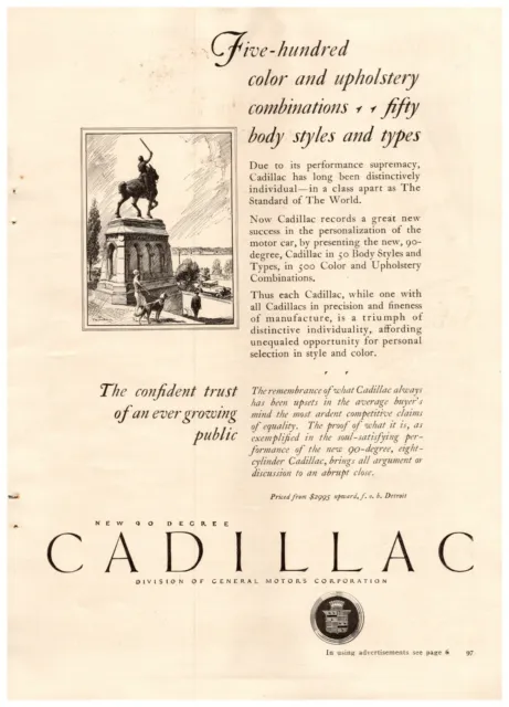 1926 Cadillac Vintage Print Ad New 90 Degree Five Hundred Color Combinations