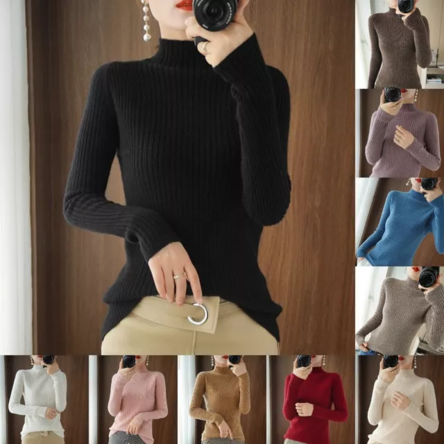 Donna collo a Lupetto Costine Maglia Top Pullover Slim Aderente Maniche Lunghe