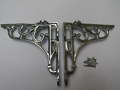 6" PAIR OF CHROME ON IRON Victorian scroll ornate shelf support wall brackets